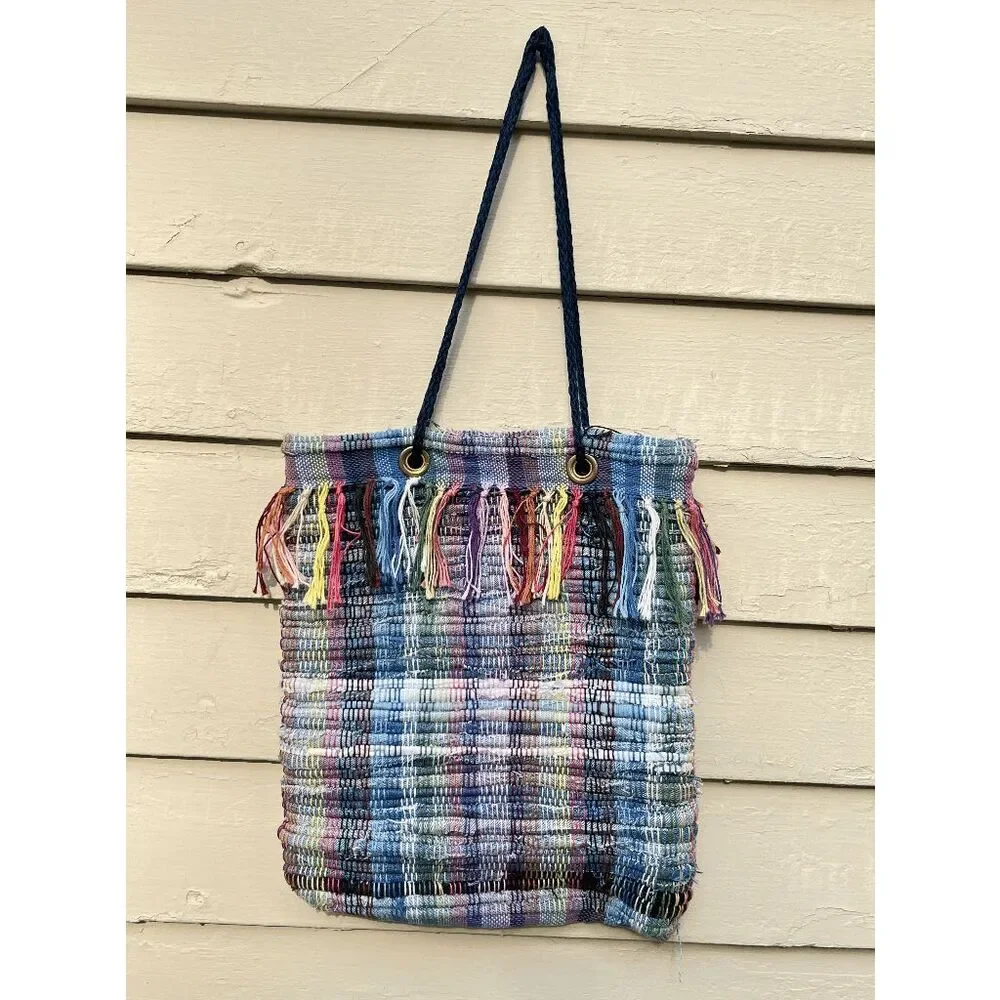 Handwoven Recycled Denim Tote Bag Boho Festival Market Upcycled Fringe Shoulder - Picture 2 of 11